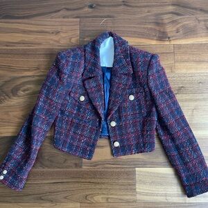 Chic Tweed Women's Jacket - Red and Blue